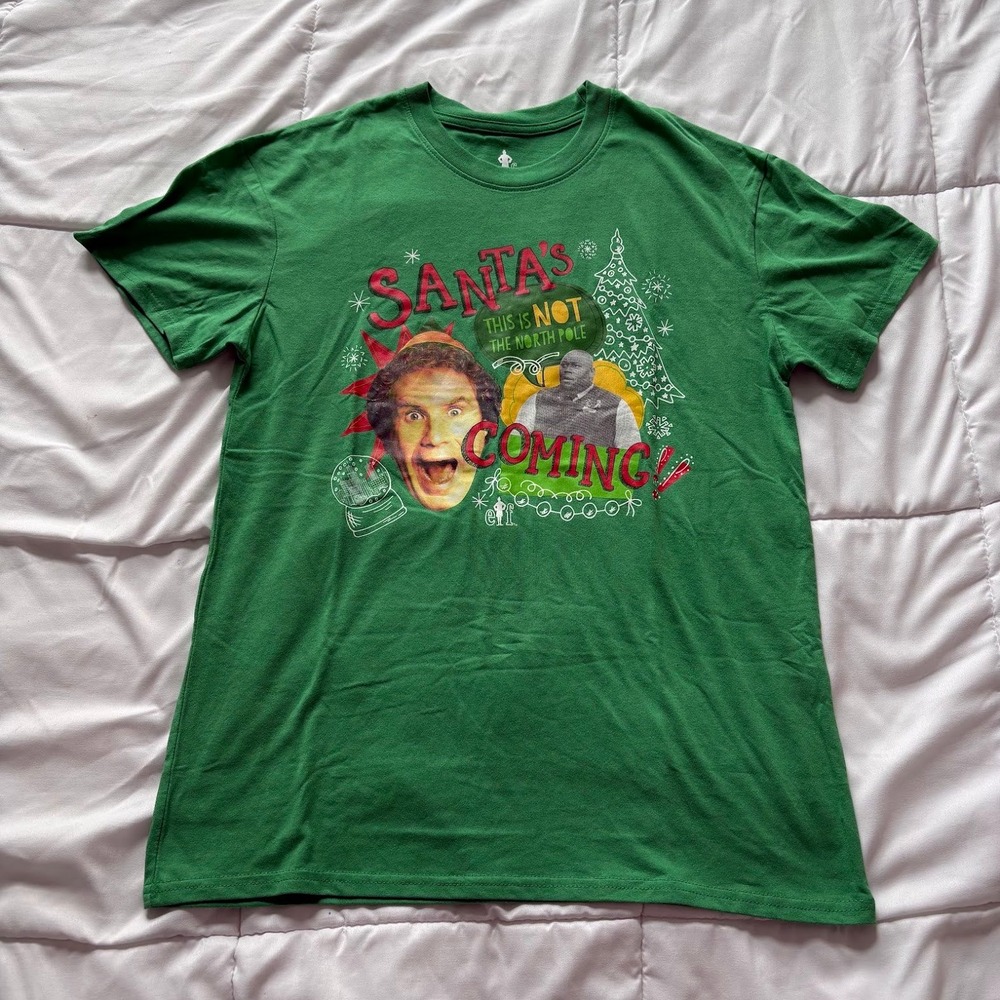 Elf Movie Santa's Coming Green Graphic Tee Shirt Mens Medium Buddy the Elf